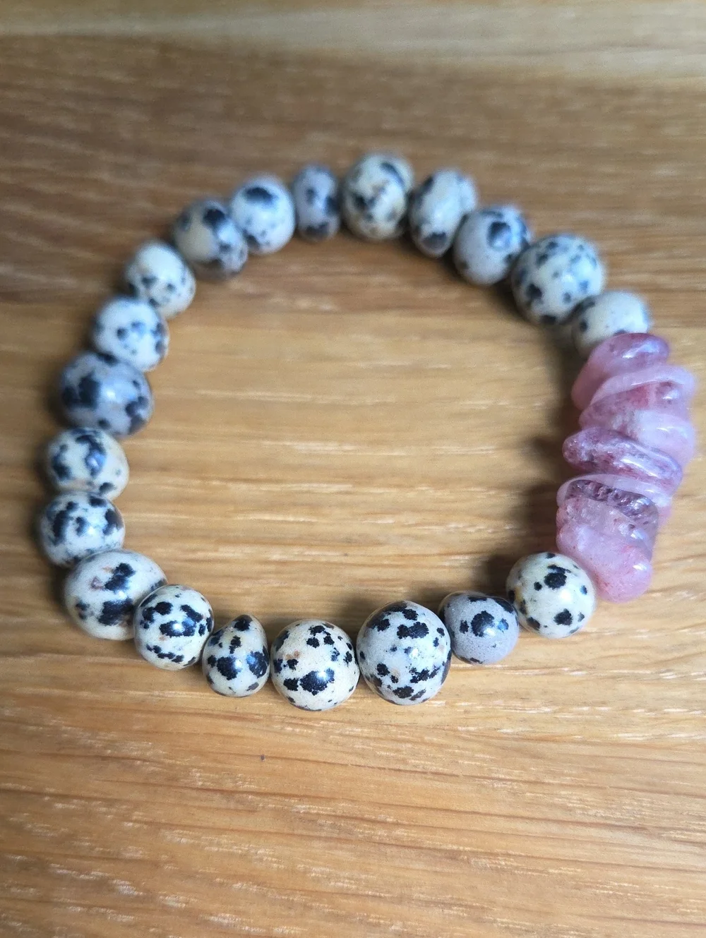 Dalmatian Jasper & Strawberry Quartz Beaded Stretch Bracelet | Handmade